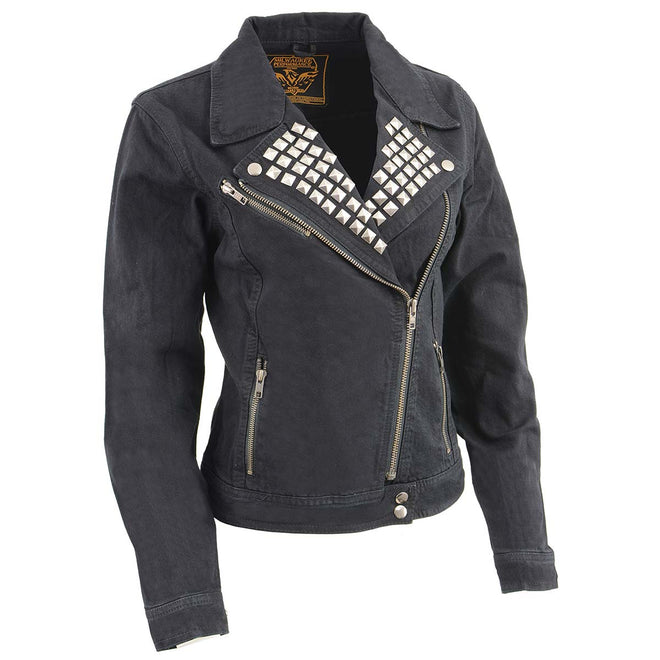 Milwaukee Leather women's black denim jacket with studded spikes, stylish and fitted for a trendy look.
