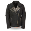 Milwaukee Leather women's black denim jacket with studded spikes, stylish and edgy women's jacket for casual wear.