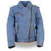 Milwaukee Leather Women's blue denim jacket with studded spike details, casual outerwear for women.