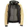 Milwaukee Leather women's hooded two-tone black and beige denim and leather scuba jacket shown on a model.
