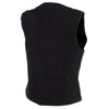 Milwaukee Leather women's black denim vest with three snap buttons on the front and plain side design.