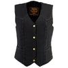 Milwaukee Leather women's black denim vest with plain side, three snap front, casual sleeveless vest for women.
