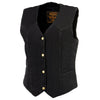 Milwaukee Leather women's black denim vest with three snap front closure and plain side design, styled for casual wear.