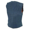 Milwaukee Leather women's blue denim vest with front snap buttons and plain side design, styled for casual wear.
