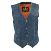 Milwaukee Leather women's blue denim vest with four front snap buttons and plain side design, casual and stylish for women.