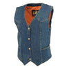 Milwaukee Leather women's blue denim vest with four snap front closure and side design, casual and stylish women's vest.