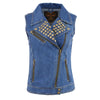 Milwaukee Leather women's blue denim motorcycle vest with front zipper and studded spike details, designed for stylish riding gear.