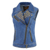 Milwaukee Leather women's blue denim motorcycle vest with front zipper and studded spike accents, styled for a bold look.