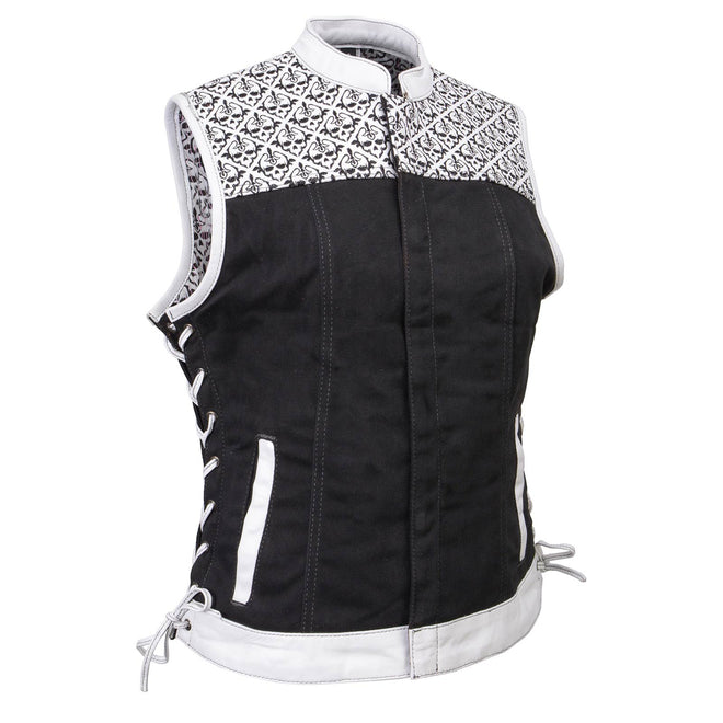 Milwaukee Leather women's black denim vest with white skull embroidery, motorcycle style, featuring the Skelly design.