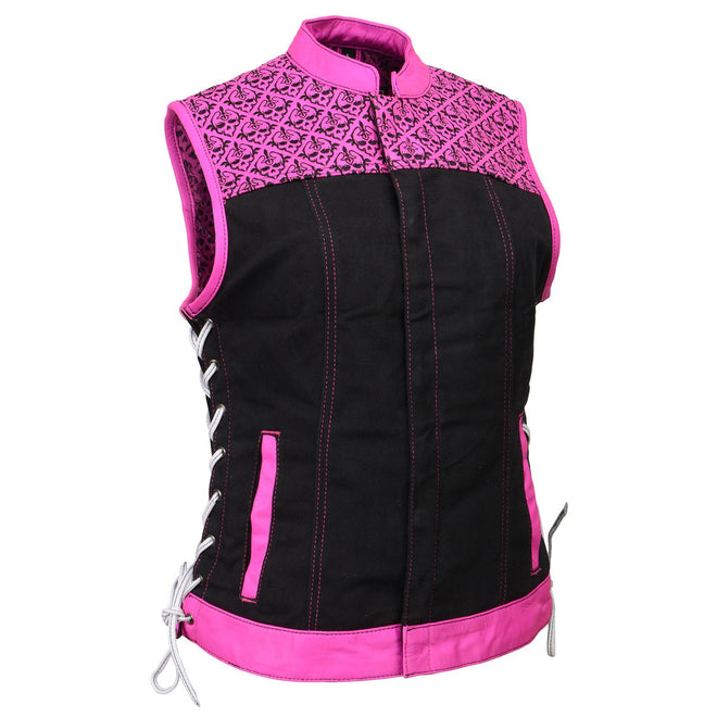 Milwaukee Leather women's black 'Skelly' motorcycle denim vest with pink accents and skull embroidery, front view.