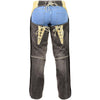 Milwaukee Leather women's two-tone black and beige denim and leather chaps with two front pockets, shown from the back.