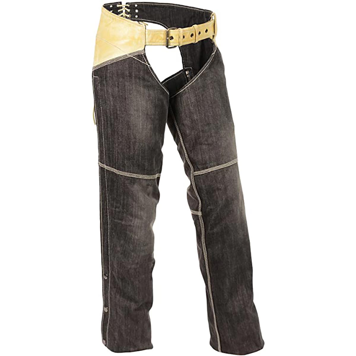 Milwaukee Leather women's two-tone black and beige denim and leather chaps with two front pockets, front view.