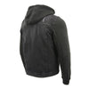 Milwaukee Leather men's black denim jacket with removable hoodie, featuring stylish design and durable fabric.