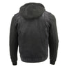 Milwaukee Leather men's black denim jacket with removable hoodie, featuring classic design and durable stitching.