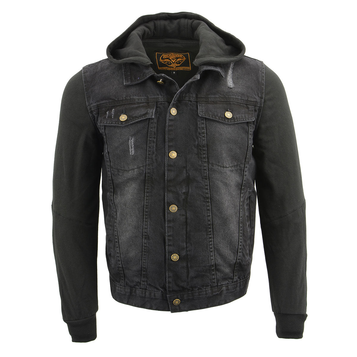 Milwaukee Leather men's black denim jacket with removable hoodie, front zipper, and stylish design, perfect for casual wear.