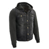 Milwaukee Leather men's black denim jacket with removable hoodie, featuring front pockets and stylish design.