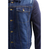 Milwaukee Leather men's blue denim jacket with removable hoodie, stylish casual outerwear, front pockets, and button closure.