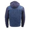Milwaukee Leather men's blue denim jacket with removable hoodie, casual style, front pockets, and button closure.