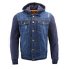 Milwaukee Leather men's blue denim jacket with removable hoodie, front pockets, and stylish design.