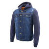 Milwaukee Leather men's blue denim jacket with removable hoodie, front pockets, and button closures.
