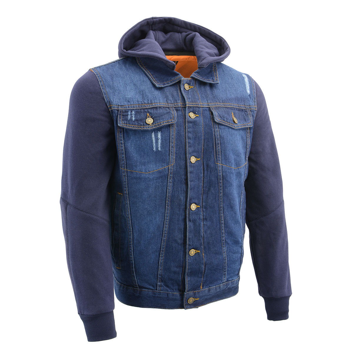 Milwaukee Leather men's blue denim jacket with removable hoodie, casual men's outerwear, stylish and versatile for everyday wear.