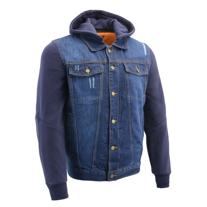 Milwaukee Leather men's blue denim jacket with removable hoodie, casual men's outerwear, stylish and versatile for everyday wear.