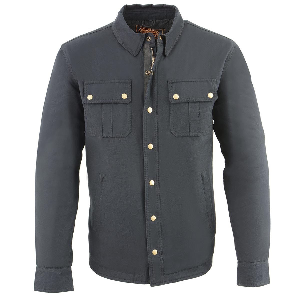 Milwaukee Leather men's black denim jacket with classic shirt style, featuring button closures and chest pockets.