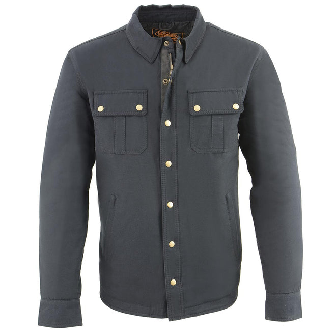 Milwaukee Leather men's black denim jacket with classic shirt style, featuring button closures and chest pockets.