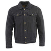 Milwaukee Leather men's black denim jean jacket, classic style, front view showing collar and button closure.