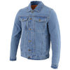 Milwaukee Leather men's blue denim jean jacket, classic style, with front button closure and chest pockets, casual men's outerwear.