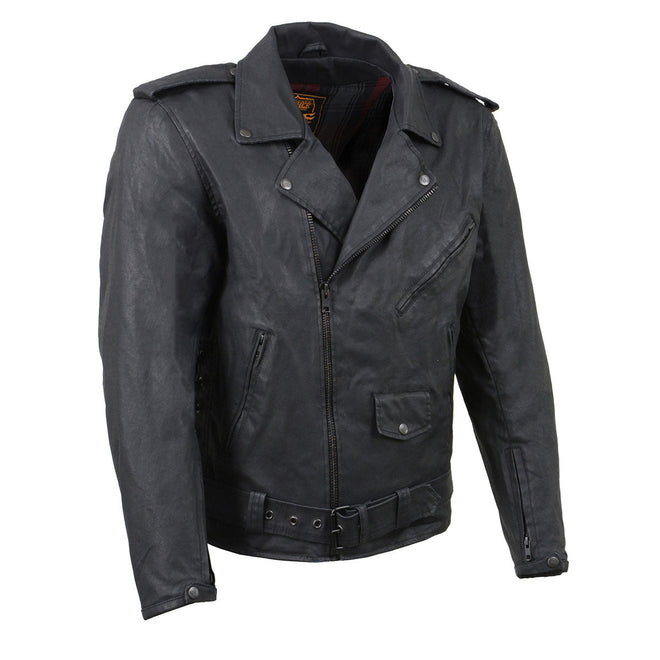 Milwaukee Leather men's black waxed MC denim jacket with armor, featuring a classic design and rugged style.