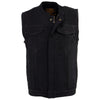 Milwaukee Leather Black MDM3000 men's concealed snap denim vest with hidden zipper, club style design, on model.