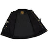 Milwaukee Leather men's black denim vest with concealed snap buttons, hidden zipper, and club style design.