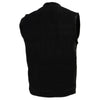 Milwaukee Leather men's black denim vest with concealed snap buttons and hidden zipper, styled for club wear.