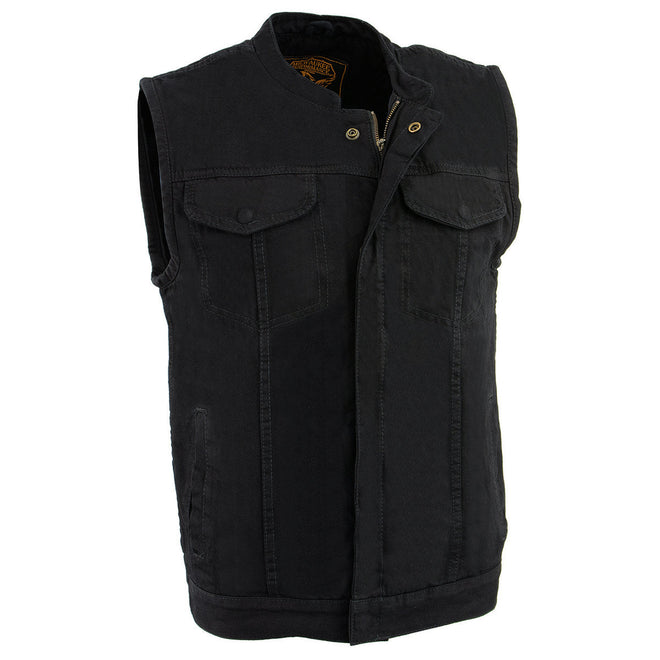 Milwaukee Leather Black MDM3000 men's Brute concealed snap denim vest with hidden zipper and club style design.