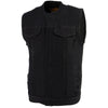 Milwaukee Leather men's black denim vest with concealed snap buttons and hidden zipper, featuring a club style design.