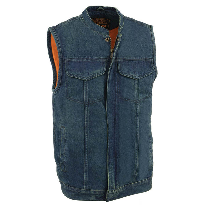 Milwaukee Leather men's blue MDM3000 'Brute' black denim vest with concealed snap buttons and hidden zipper, club style design.