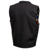 Milwaukee Leather men's 'Brute' black denim vest with concealed snaps, USA flag liner, and club style design.