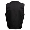 Milwaukee Leather men's 'Brute' black denim vest with concealed snaps, USA flag liner, showing the back design and club style details.
