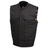 Milwaukee Leather MDM3007 men's black denim vest with concealed snap buttons, USA flag liner, club style design.