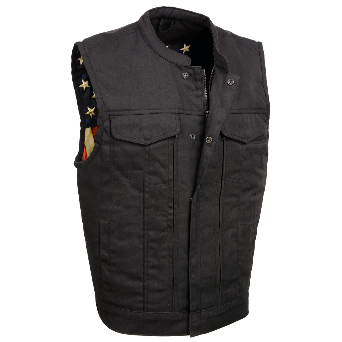 Milwaukee Leather MDM3007 men's black denim vest with concealed snaps, USA flag liner, club style design, HighwayLeather brand