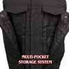 Milwaukee Leather men's 'Brute' black denim vest with concealed snaps, multi-pocket design, USA flag liner, HighwayLeather brand.