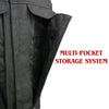 Milwaukee Leather MDM3007 men's black denim vest with concealed snaps, multiple pockets, and USA flag liner, highwayLeather brand.