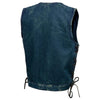 Milwaukee Leather men's blue denim Brute vest with concealed snap, V-neck, side lace, and hidden zipper, stylish men's vest by HighwayLeather.