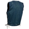 Milwaukee Leather men's blue denim vest with concealed snap front, V-neck, side laces, and hidden zipper, stylish club style vest.