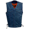 Milwaukee Leather Brute men's blue denim vest with concealed snaps, v-neck, side lace details, and hidden zipper.