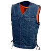 Milwaukee Leather men's blue denim vest with concealed snap buttons, V-neck, side lace details, and hidden zipper.
