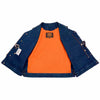 Milwaukee Leather Brute men's blue denim vest with concealed snap buttons, side lace, v-neck, and hidden zipper details.