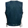 Milwaukee Leather Brute men's blue denim vest with concealed snaps, V-neck, side laces, and hidden zipper, style back view.