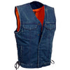 Milwaukee Leather Men's 'Brute' blue denim vest with concealed snap buttons, V-neck, side laces, and hidden zipper, front view.